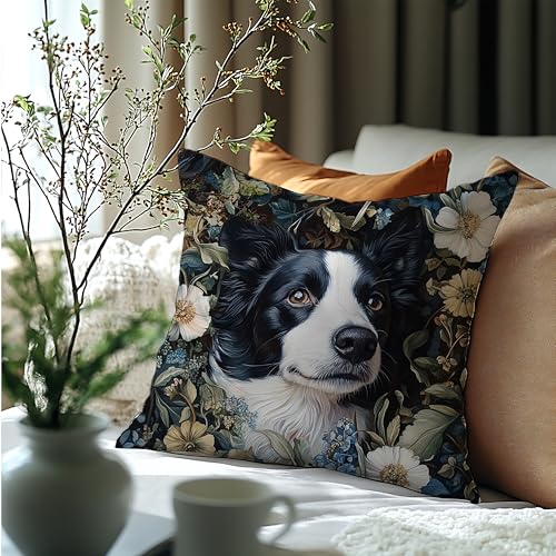 William Morris Inspired Border Collie Dog Floral Decor Pillow Cover 18x18
