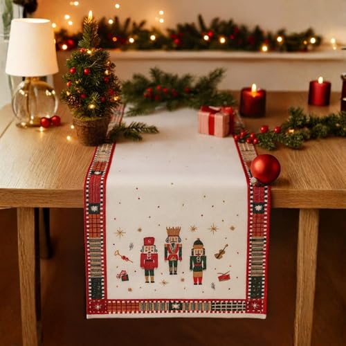 Christmas Table Runner 14x72 Inches - Nutcracker Magic Red & White