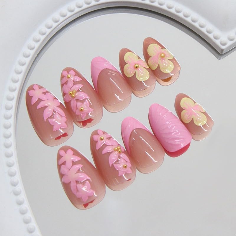 Short Almond Press On Nails with Floral French Design Acrylic Fake Nails
