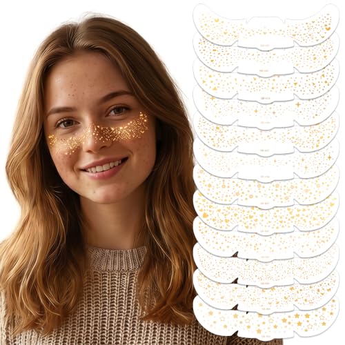 Macuezu 12 Sheets Gold Glitter Freckles Face Tattoo Waterproof Sparkle Makeup Patches