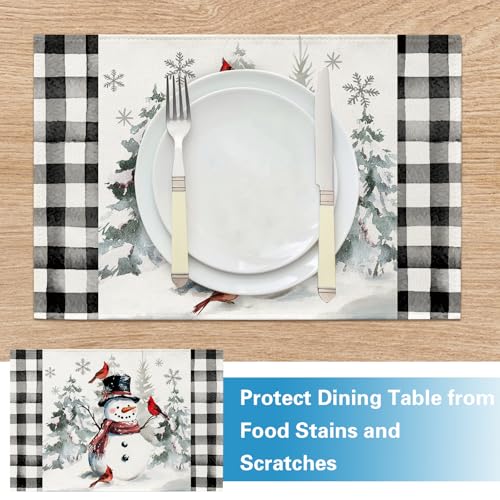 Winter Snowman Placemats Set of 4 - Snowy Pine Tree Cardinal Birds, 12x18 Inches