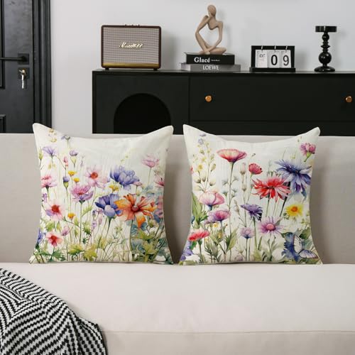 TAJWE Spring Floral Pillow Covers 18x18 Inch Set of 2 - Farmhouse Decorative Cushion Cases for Sofa & Couch