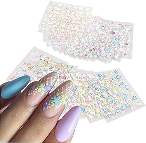 30 Sheets Colorful Flower Nail Art Stickers with Rhinestones 3D Decals