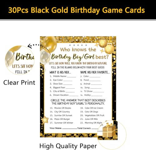 30 Birthday Game Cards - Who Knows the Birthday Star Best? (Black Gold)