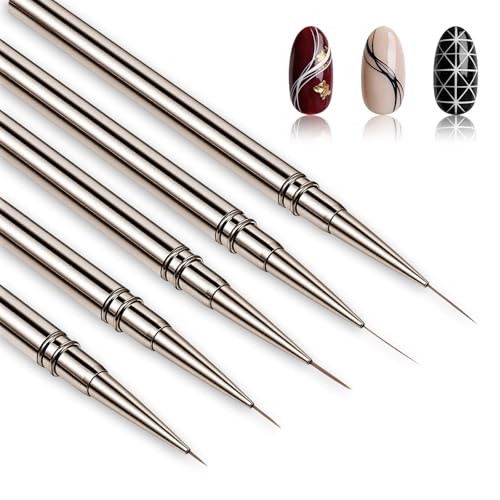 Ziuohaa 5-Piece Nail Art Liner Brush Set with Metal Handles and Caps