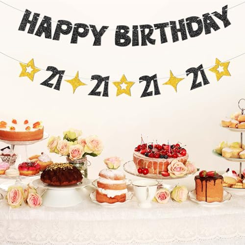 Black and Gold 21st Birthday Banner - Pre-Strung Glitter Party Decoration