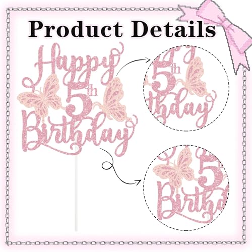 Glitter Pink Butterfly 5th Birthday Cake Topper Decoration