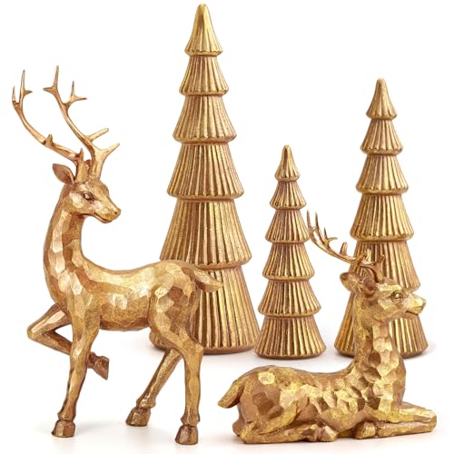 Reindeer Christmas Decoration and Mini Trees Set - Rose Gold Holiday Tabletop Decor