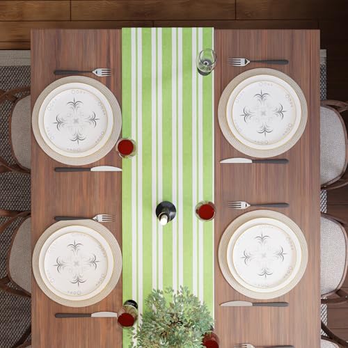 Encasa XO Woven Cotton Table Runner 13x59 in - Franca Lime Stripes