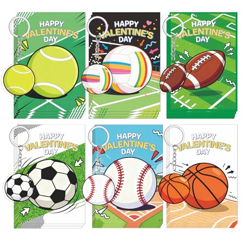 Sports Valentines Day Cards with Keychains - 24 Pack for Kids