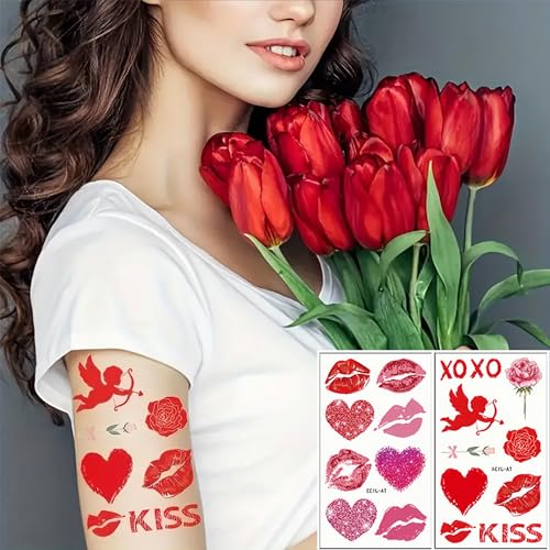 Valentines Day Temporary Tattoos - 10 Sheets Red Heart Lip Fake Tattoos