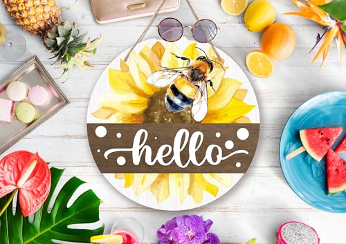 Hello Bee Sunflower Welcome Hanging Sign for Front Door 10 Inch