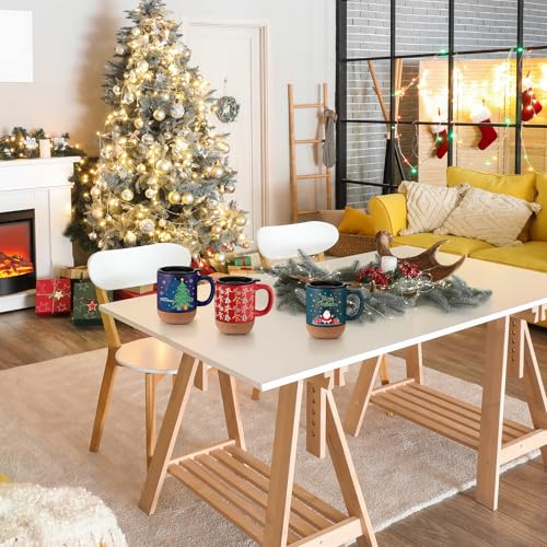 Christmas Ceramic Coffee Mug Set with Cork Bottom Spill Proof Lids - 12oz