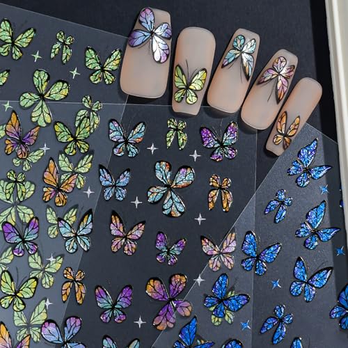 5D Holographic Butterfly Nail Stickers 3 Sheets Embossed Decals