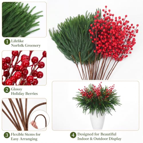 24 Large Artificial Christmas Pine Branches with Red Berry Stems for Outdoor Decor