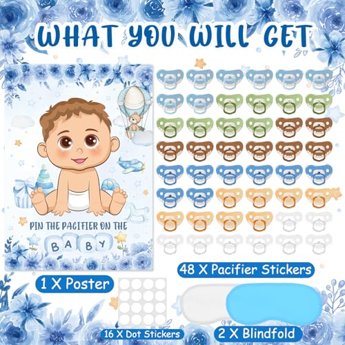 Pin The Pacifier On The Baby Game Set - Blue Baby Shower Party Activity