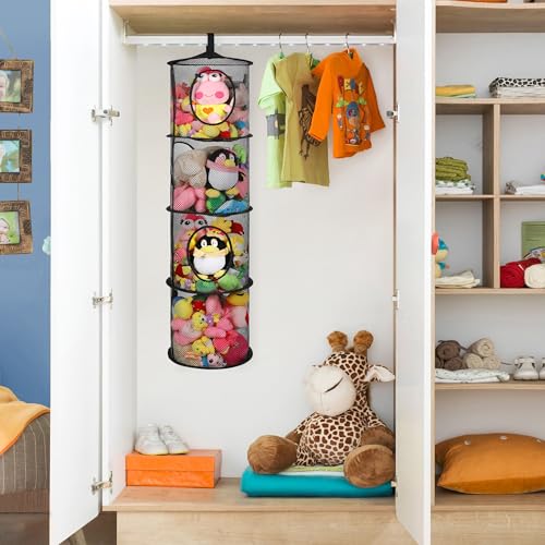 Black 4-Tier Stuffed Animal Storage Hammock Net for Kids