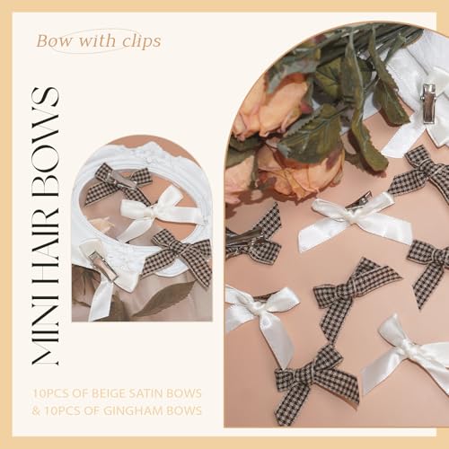AROCOOY 20pcs Mini Bow Hair Clips Brown Gingham & Beige Ribbon Barrettes