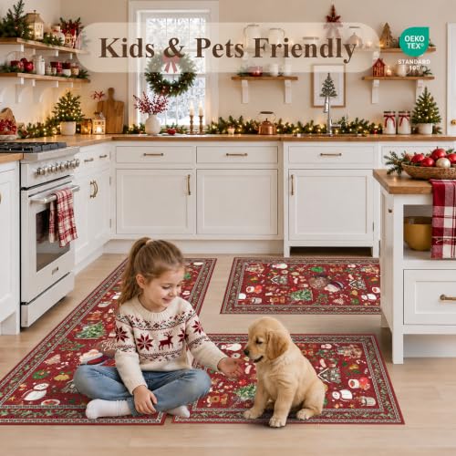 Christmas Kitchen Rugs Set of 3 Non-Slip Washable Holiday Runners - Red