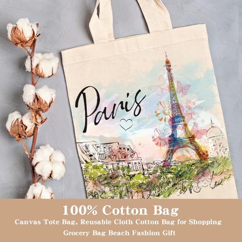 VeloKomo Paris Travel Canvas Tote Bag - Large Reusable Shopping Handbag