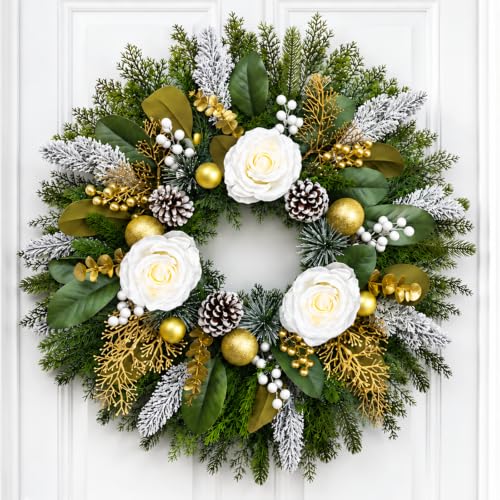 28 Inch Christmas Wreath with White Roses and Gold Decor for Front Door