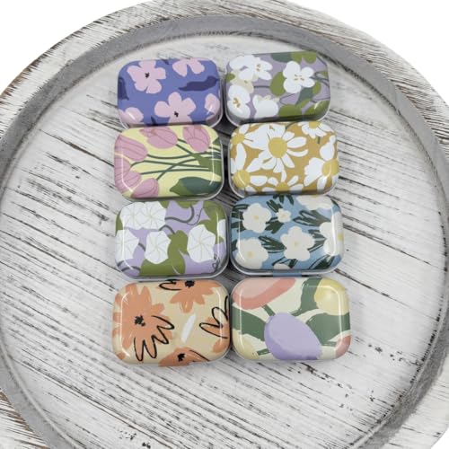8Pcs Mini Flower Tin Trinket Boxes with Hinged Lids - Floral Storage Tins