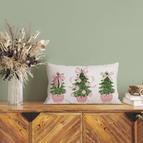 Pink Christmas Tree Throw Pillow Cover - 12x20 Inch Chinoiserie Design