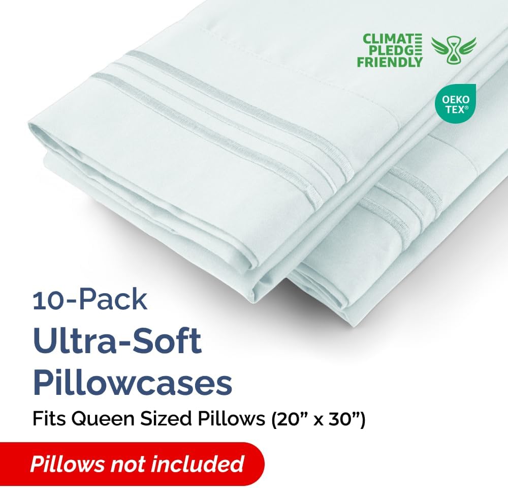 Queen Pillow Cases by [Brand Name] - Ultra Soft Hotel Quality Covers | Wrinkle-Free, Stain Resistant - 10 Piece Set in Ice Blue