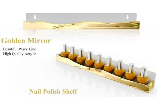 6 Pack Nail Polish Wall Rack Mirror Gold Acrylic Wall Mount Ledges with Stopper 15 Inch Kids Bookshelf Tattoo Ink Essential Oils Figurine Display Shelves Spice Rack for Salons Retailers Home