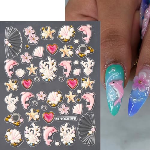5D Embossed Summer Beach Nail Art Stickers Cute Starfish Crab Decals 2 Sheets