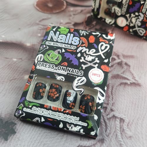 Ghost Press on Nails Matte Orange Flower Acrylic Short Square False Nails