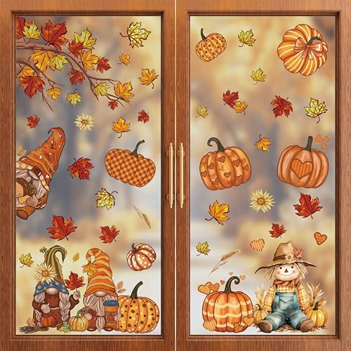 9 Sheets Fall Window Clings - Reusable Gnome & Pumpkin Autumn Decals