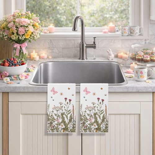 Spring Floral Kitchen Towels Set of 2 - 18x26 Inch Butterfly Design
