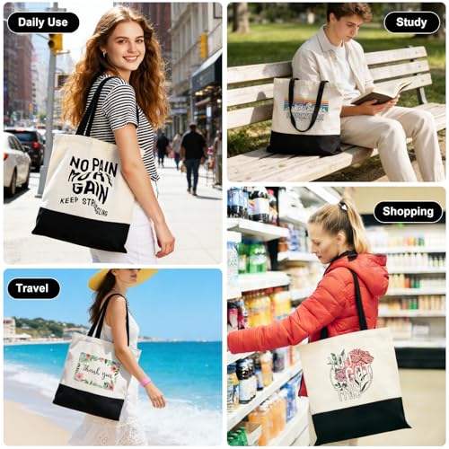 Halloween Canvas Tote Bag with Zipper for Women - Beige/Black