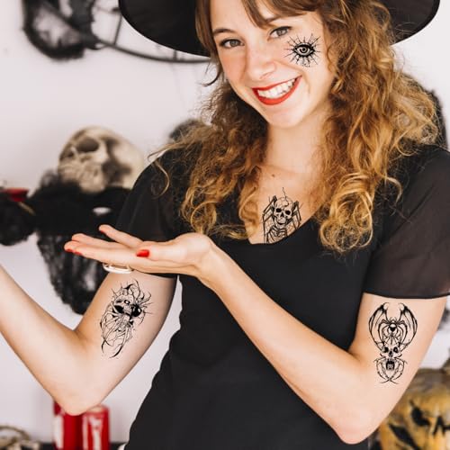 Konsait 30 Sheets Skeleton Spider Temporary Tattoos for Halloween Makeup