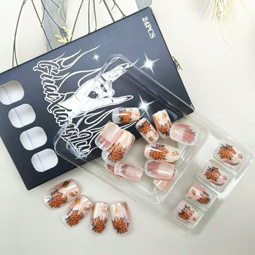 Fall Press on Nails Short Square False Nails Maple Leaf Gold Leaf Acrylic Nails 24Pcs