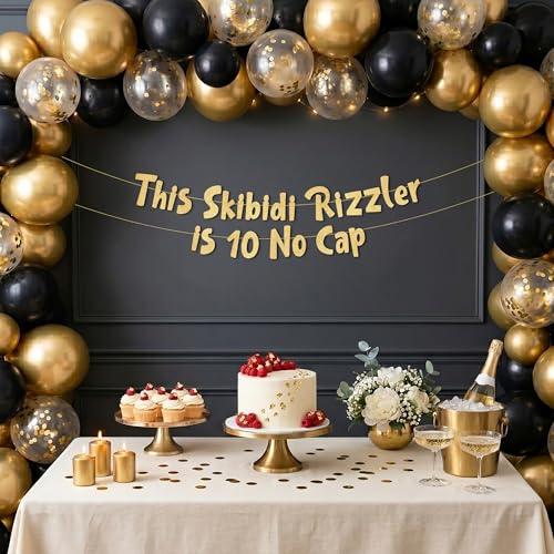 Pre-Strung Gold Glitter Skibidi Rizzler Banner for 10th Birthday