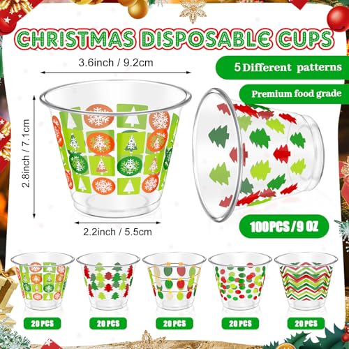 Christmas Theme Disposable Plastic Cups 9 oz - 100 Pack, Classic Style