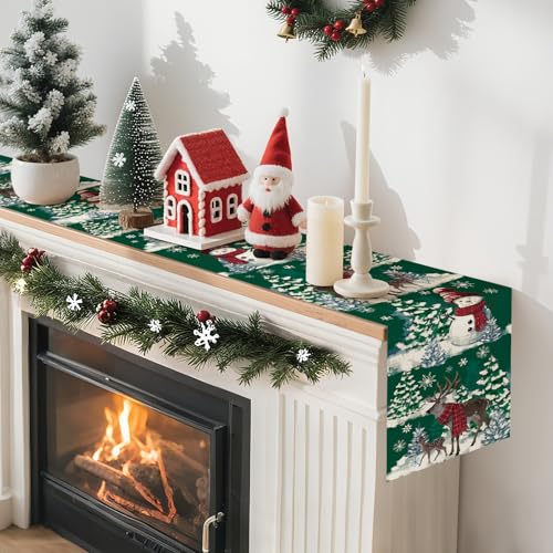 Artscope Reindeer Snowman Christmas Tree Table Runner 13x120 Inch - Green Holiday Decor
