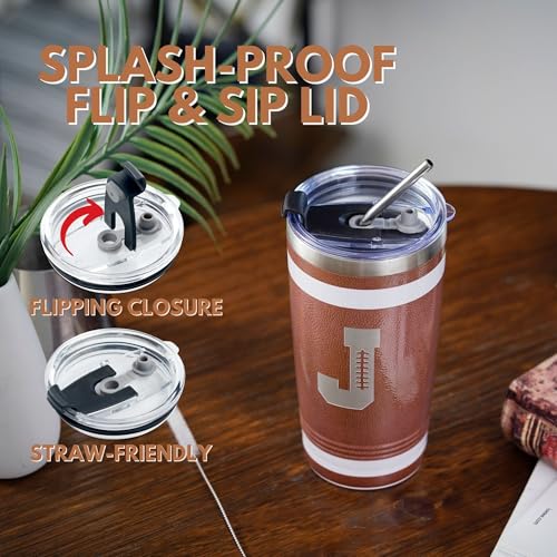 Personalized Football Tumbler with Laser Initials - 20oz Stainless Steel Gift for Men Women Coaches - Variation: Initial-D