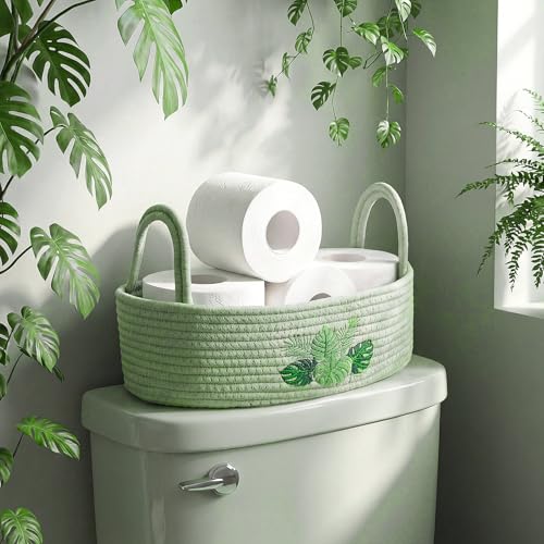 Vesici Grass Green Monstera Toilet Paper Basket - Boho Cotton Organizer