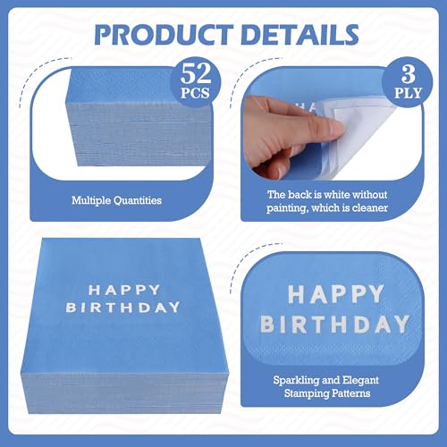 Happy Birthday Cocktail Napkins - 52 Pack, 3-Ply, Blue