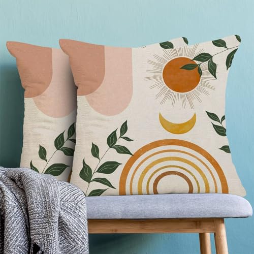 Mid Century Abstract Pillow Covers 18x18 (Set of 2) - Boho Orange & Green Leaf Design