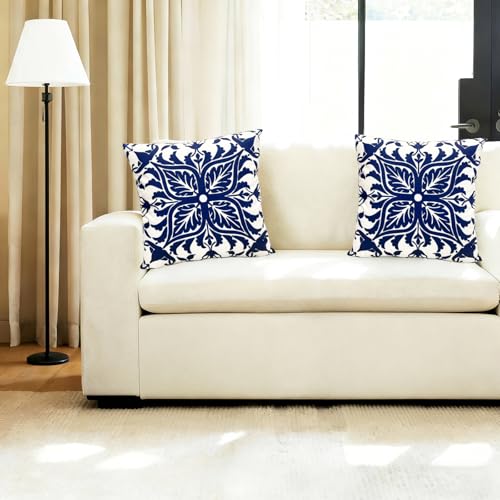 Boho Farmhouse Throw Pillow Covers Set of 2 - 18x18 Inch Blue Floral