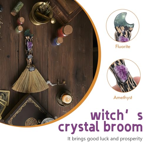 RENEMEGO Witchcraft Fluorite Crystal Broom - Wiccan Decor & Altar Supply
