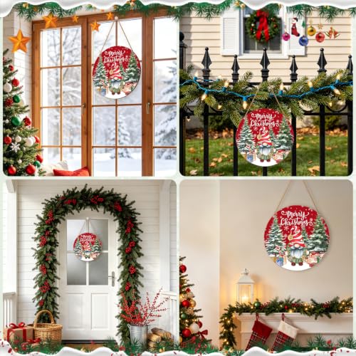 Christmas Gnome Welcome Sign - Merry Christmas Wooden Door Hanger, 12x12 Inch Porch Decor