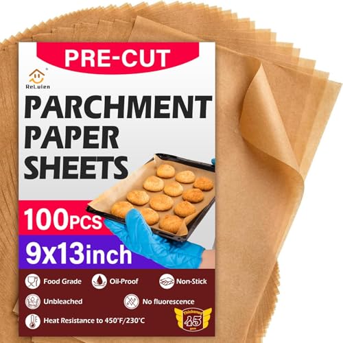 100PCS Unbleached Parchment Paper Sheets, 9x13 Inches - Non-Stick Baking Sheets for Air Fryer & Oven
