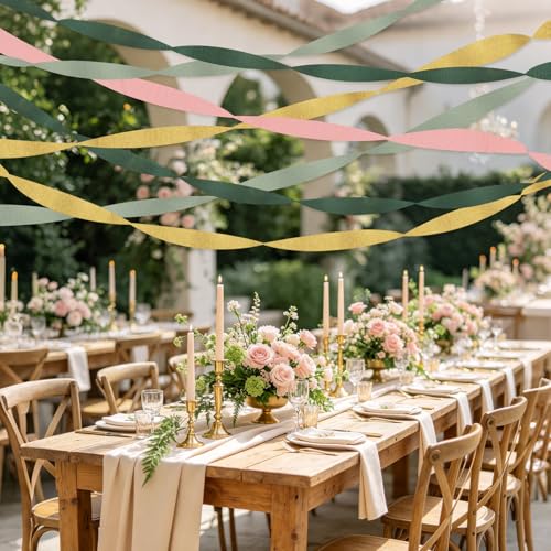 8 Rolls Sage Green Crepe Paper Streamers for Party Decorations, Boho Wedding & Baby Shower, Gold & Pink Variants