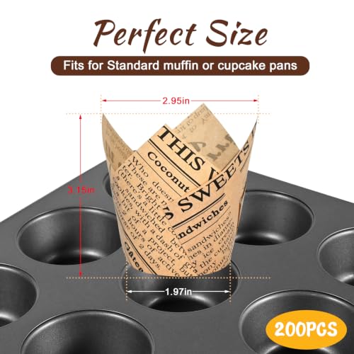 200pcs Newspaper Tulip Cupcake Liners for Baking - Elegant Muffin Wrappers