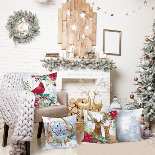 Bonhause Christmas Throw Pillow Covers 18x18 Inch Set of 4 - Cardinal & Reindeer Design